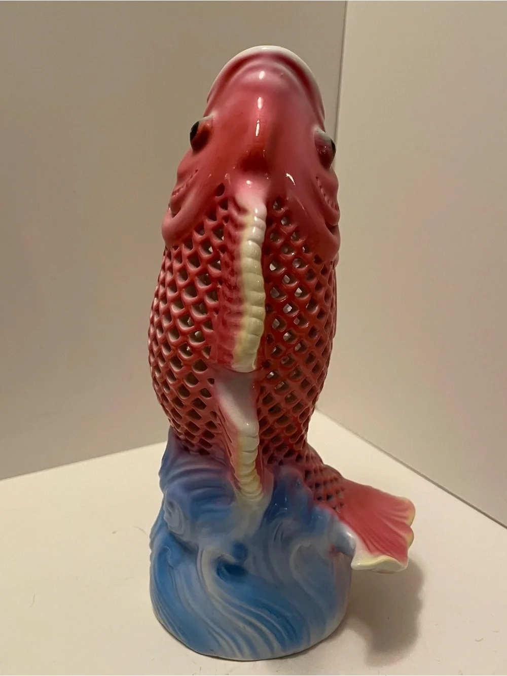 Vintage Reticulated Jumping Fish Figurine Ceramic Colorful 8.25”